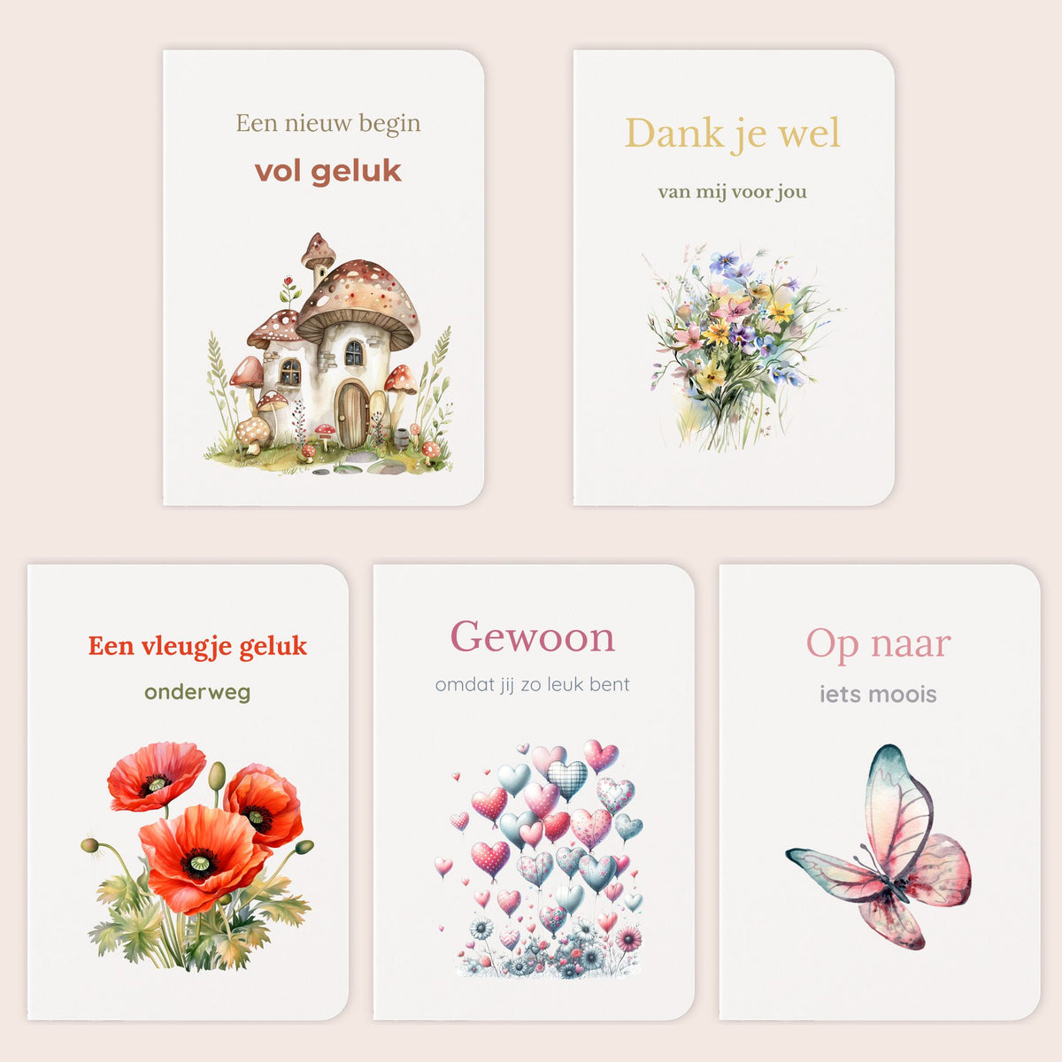 Vijf kaarten uit de wenskaartenset met nieuwe woning, bedankje, geluk, hartjes en vlinder