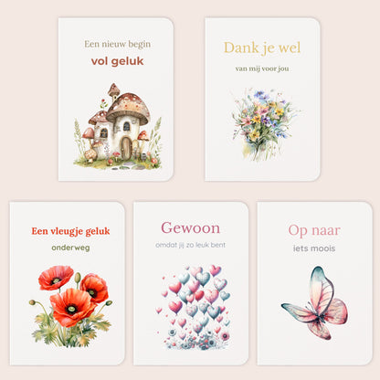 Vijf kaarten uit de wenskaartenset met nieuwe woning, bedankje, geluk, hartjes en vlinder