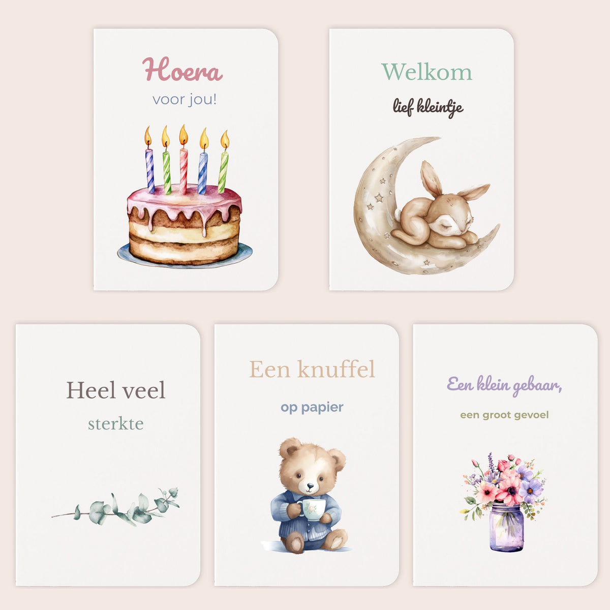 Vijf kaarten uit de wenskaartenset met verjaardag, geboorte, sterkte, knuffel en bloemen