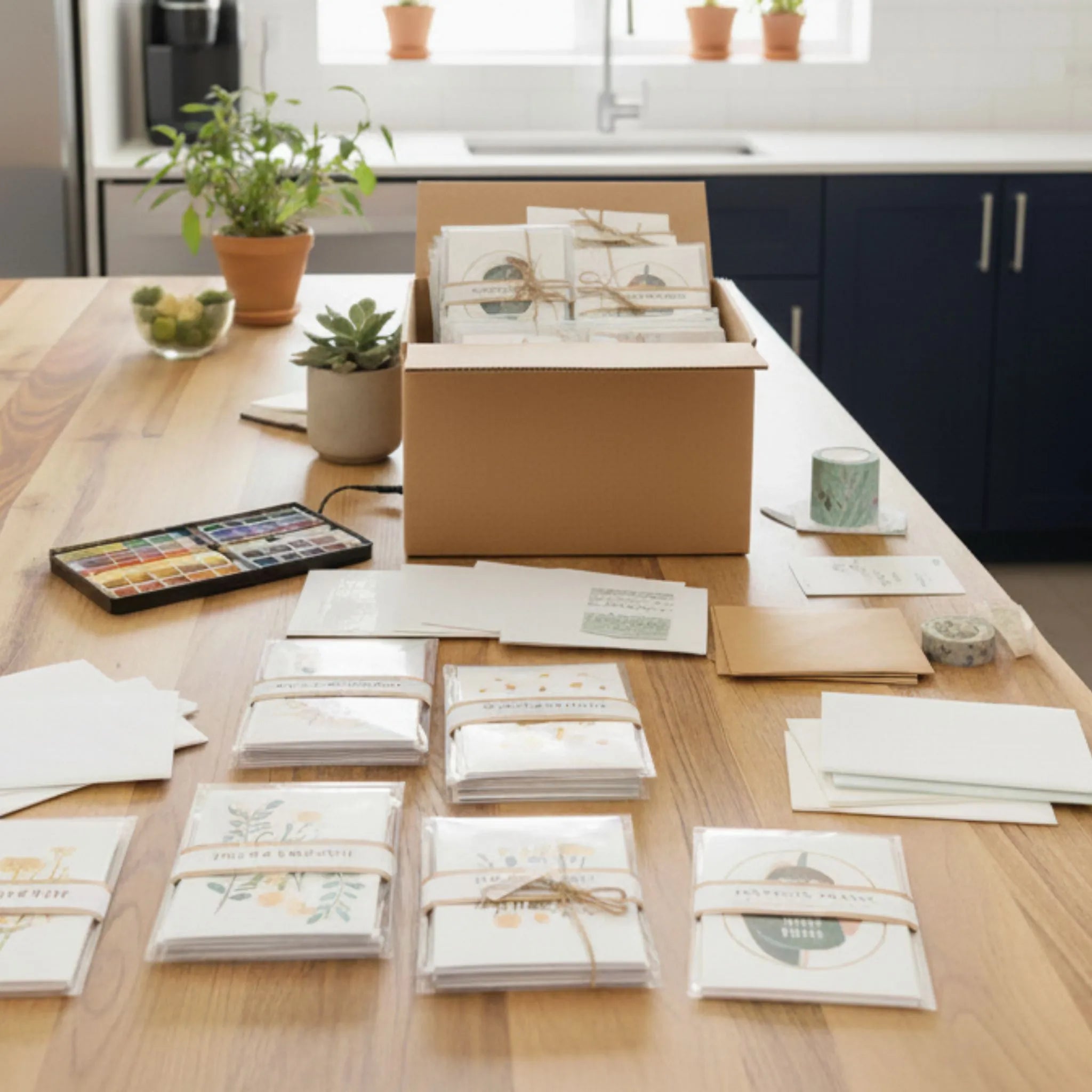 Stapeltjes ingepakte kaarten op de keukentafel