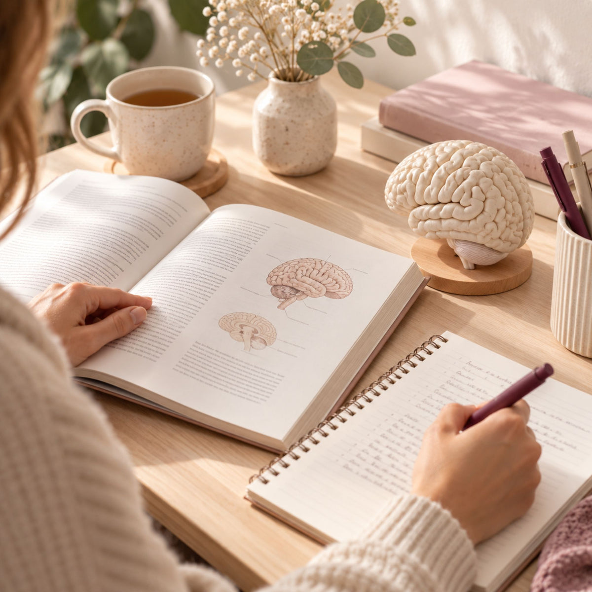 Werkplek met een boek, notitieboek en een hersenmodel, waar iemand aantekeningen maakt