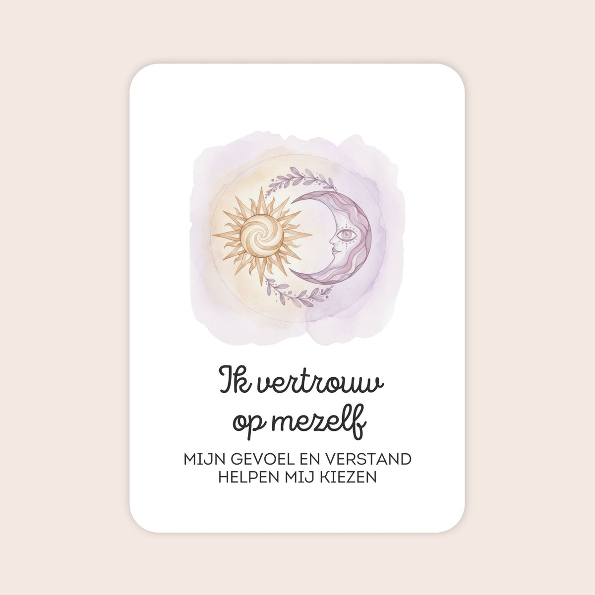 Affirmatiekaart in aquarel uit de set Zelfstandig sterk voor tieners met de tekst: ‘Ik vertrouw op mezelf’ en daaronder: ‘Mijn gevoel en verstand helpen mij kiezen’